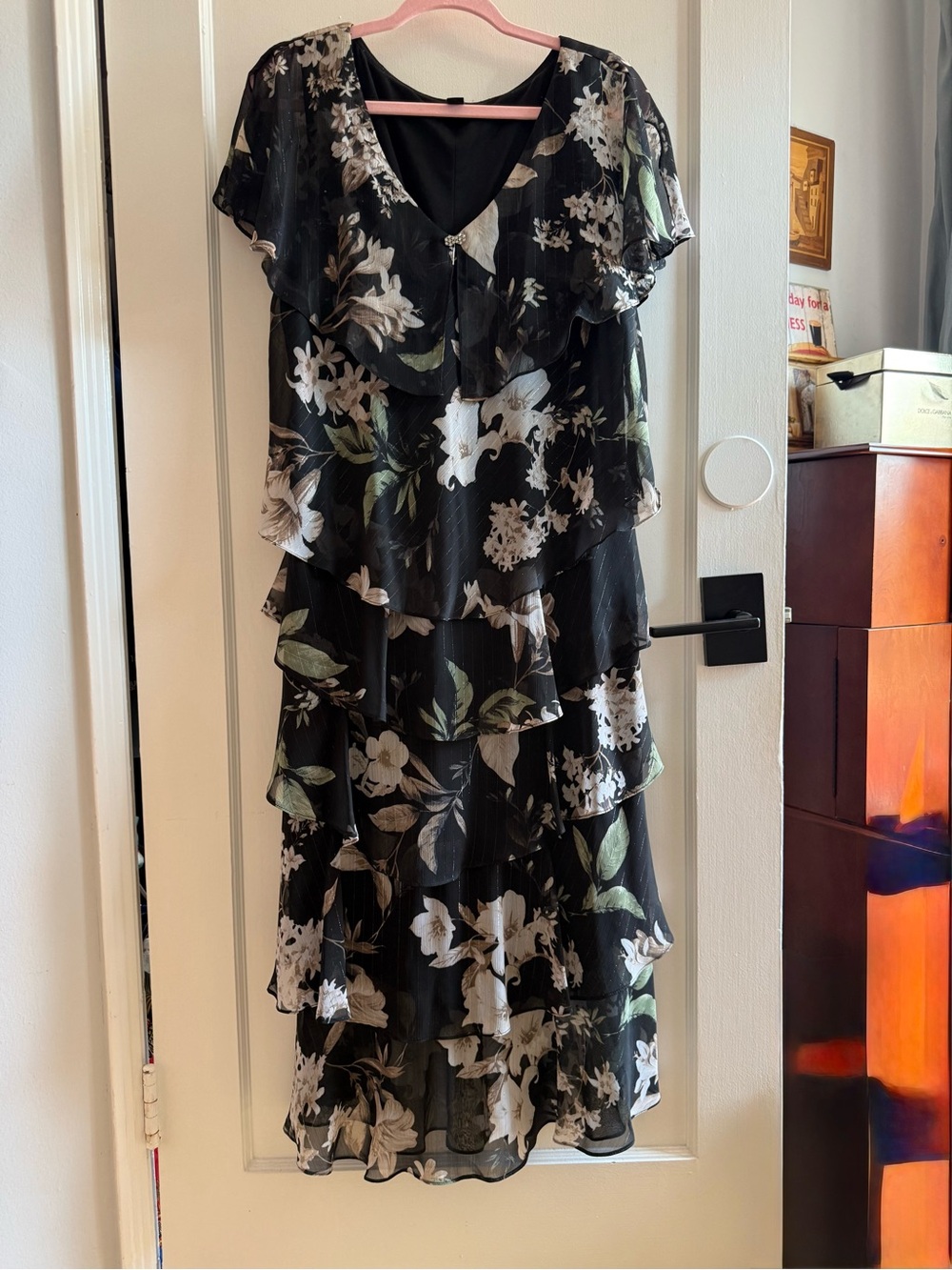 SLNY Black Floral Midi Dress with White & Green Print
